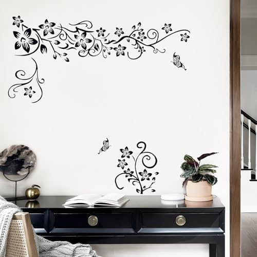Supzone Black Flowers Butterfly Wall Decor Decals