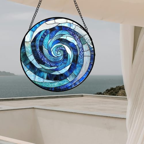 Blue Abstract Swirl Stained Glass Suncatcher Hanging for Windows