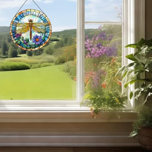 Flowers and Dragonfly Stained Glass Suncatcher for Windows