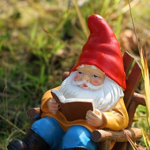 Garden Gnome Reading in Rocking Chair Resin Outdoor Statue