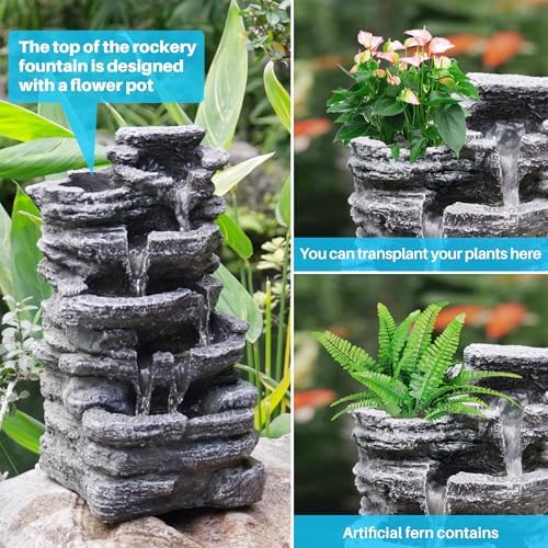 Biling 5-Tier Rock Water Fountain with LED Lights and Artificial Fern 1