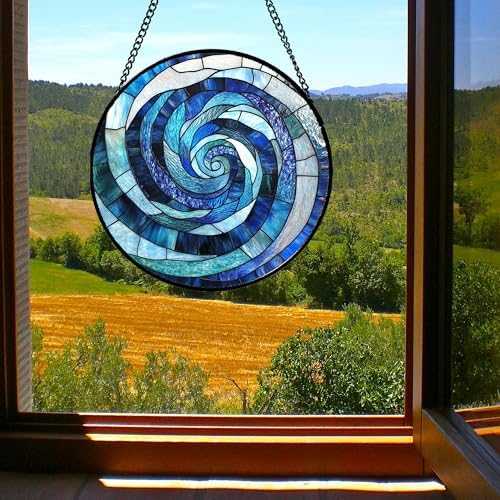 Blue Abstract Swirl Stained Glass Suncatcher Hanging for Windows