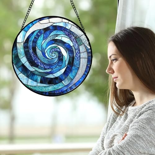 Blue Abstract Swirl Stained Glass Suncatcher Hanging for Windows