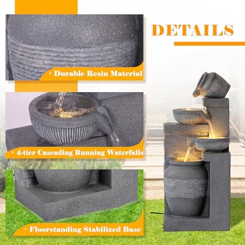 32 Modern Freestanding Garden Fountain with 4 Bowls and LEDs