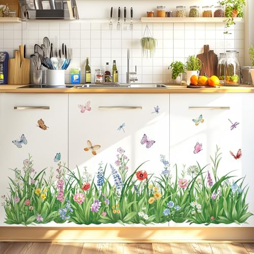 Wondever Green Grass Wall Decals with Flowers and Butterflies