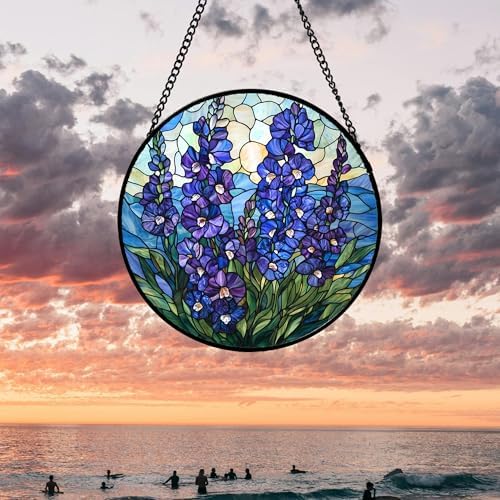 Stained Glass Window Hanging Blue Delphinium 63 in