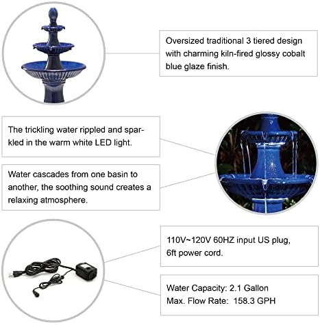 Glitzhome 3 Tier Outdoor Fountain with LED Light and Pump