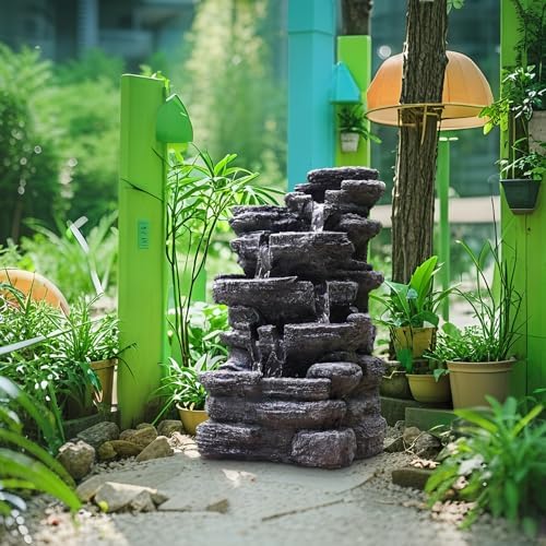 Biling 5-Tier Rock Water Fountain with LED Lights and Artificial Fern 1