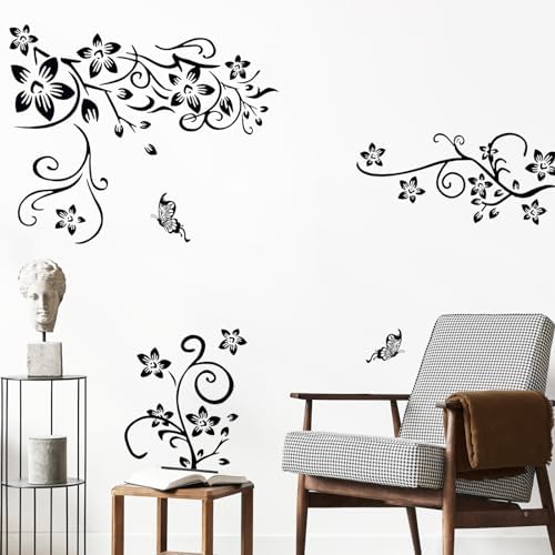 Supzone Black Flowers Butterfly Wall Decor Decals