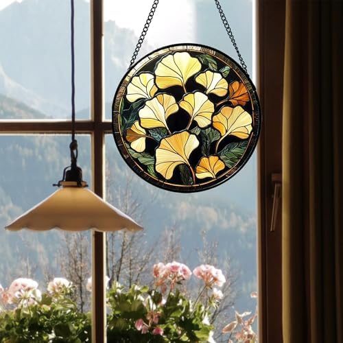 Stained Glass Window Hanging - Ginkgo Leaf Suncatcher 98 Inches