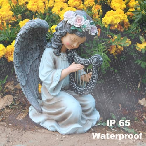 Solar Angel Garden Statue Harp Playing Decor
