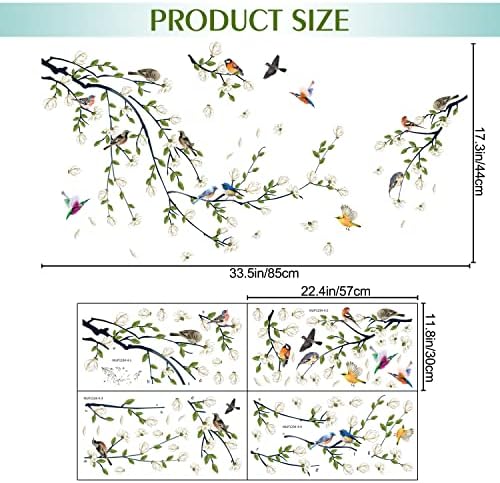 Green Vine Wall Decal with White Flowers and Birds