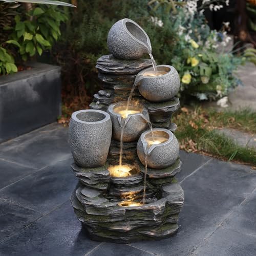 LuxenHome 29 Inch Tall Outdoor Water Fountain with LED Lights