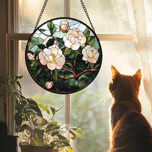 Stained Glass Suncatcher with Pink Flowers and Green Leaves
