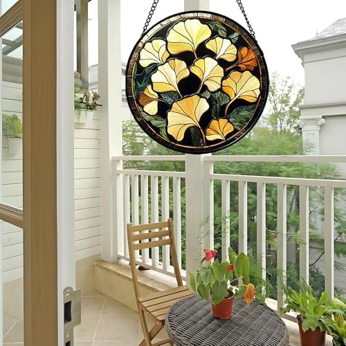 Stained Glass Window Hanging - Ginkgo Leaf Suncatcher 98 Inches
