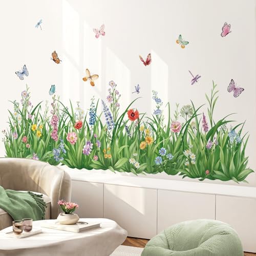 Wondever Green Grass Wall Decals with Flowers and Butterflies