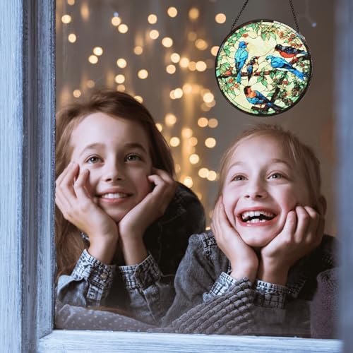 Stained Glass Birds on Tree Branches Window Hanging Decor