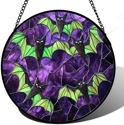 Halloween Stained Glass Suncatcher Black Bat with Green Wings 98 in