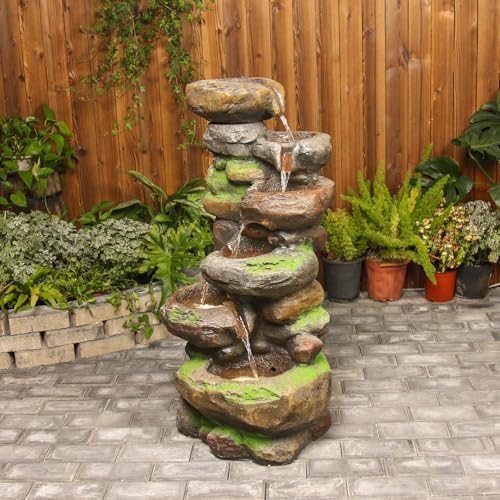 YZM 374 Inch 6-Tier Cascading Rock Water Fountain with LED Lights