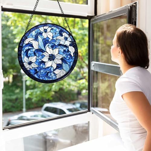 Stained Glass Window Hanging Blue White Flowers Suncatcher 63 In