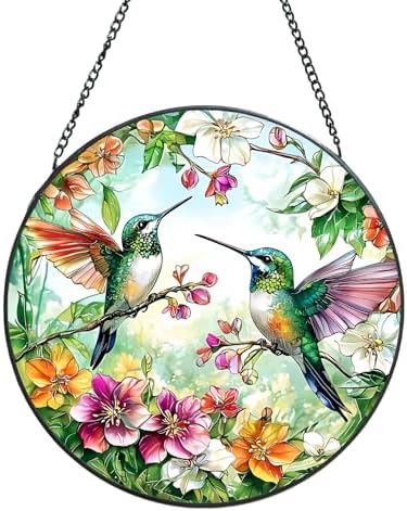 Voyakolo Hummingbird Stained Glass Suncatcher - 8 Inch Round Handmade Decor