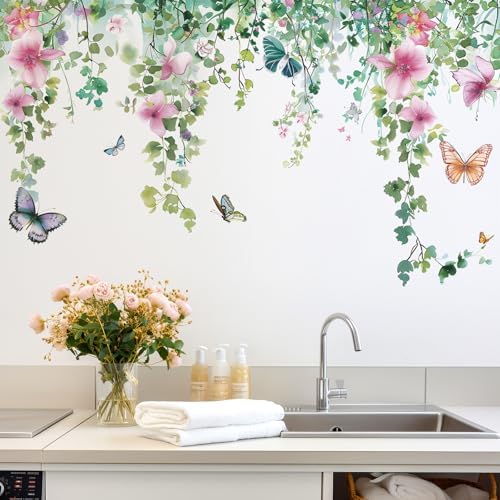 Flower Vine Wall Decals Green Leaves Butterfly Plant Decor