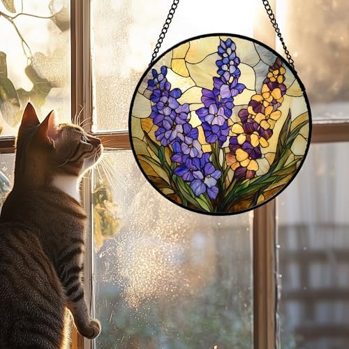 Delphinium Birth Flower Stained Glass Suncatcher Hanging for Windows