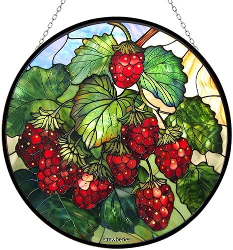 Customized Strawberries Suncatcher 12 Inch Hand Painted Glass Panel