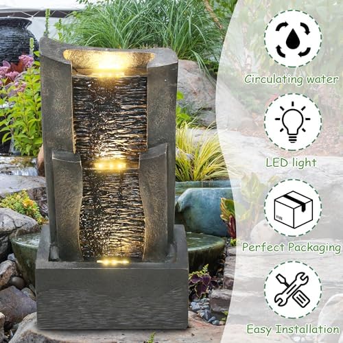 3-Tiers Outdoor Rock Water Fountain with LED Light