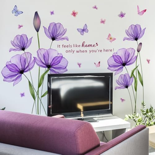 Purple Flower Wall Decals with Butterflies
