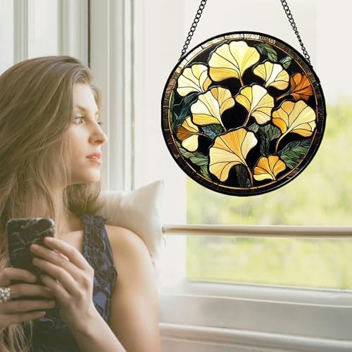 Stained Glass Window Hanging - Ginkgo Leaf Suncatcher 98 Inches