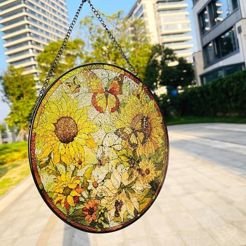 RIVEENY Sunflower Stained Glass Window Hanging 10x10