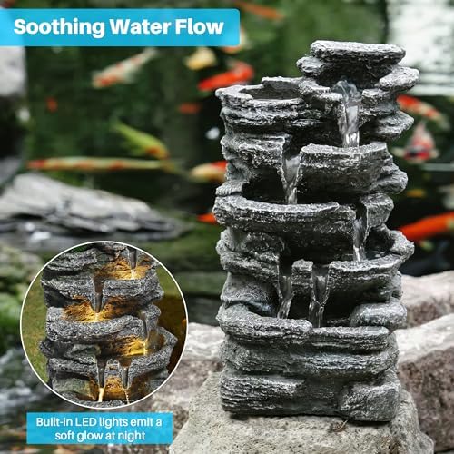 Biling 5-Tier Rock Water Fountain with LED Lights and Artificial Fern 1