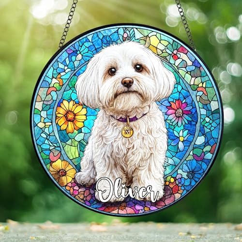 Custom Maltese Dog Stained Glass Window Hanging