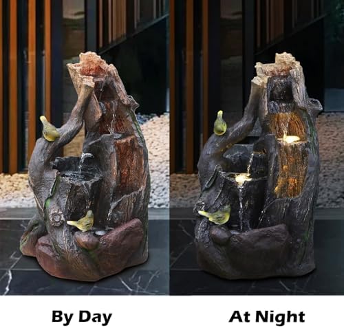 Tree Trunk Waterfall Fountain with LED Lights and Playing Birds