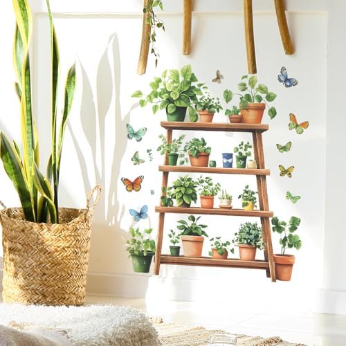 3D Plant Shelf Wall Decal with Butterflies