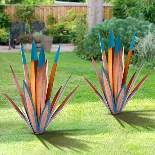TOMBABY Large Leaf Metal Agave Outdoor Statue Blue