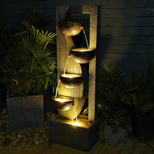 Sunlinua 5-Tier Outdoor Water Fountain with LED Lights and Natural Stones