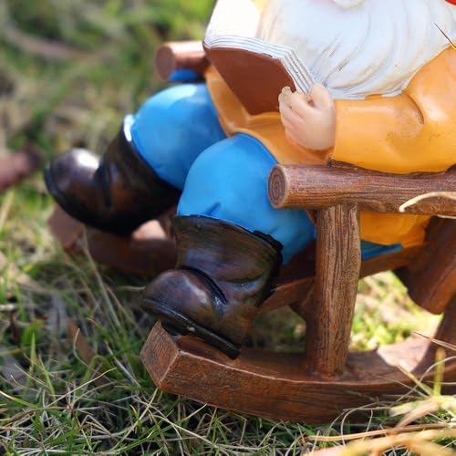 Garden Gnome Reading in Rocking Chair Resin Outdoor Statue