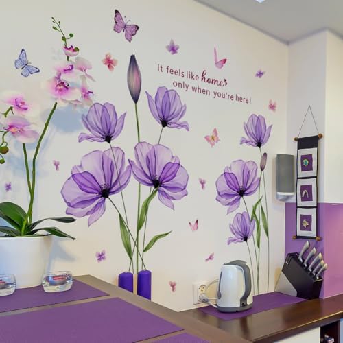 Purple Flower Wall Decals with Butterflies