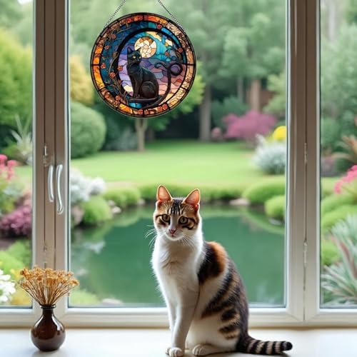 Black Cat Stained Glass Window Suncatcher Decoration