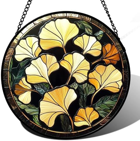 Stained Glass Window Hanging - Ginkgo Leaf Suncatcher 98 Inches