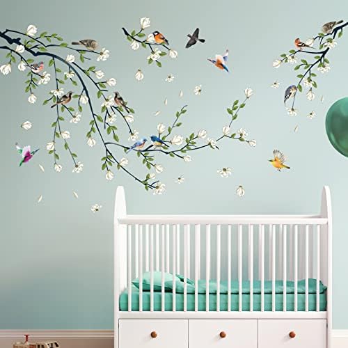 Green Vine Wall Decal with White Flowers and Birds