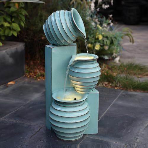 LuxenHome 30 Inch Tall Aqua Blue Water Fountain with LED Lights