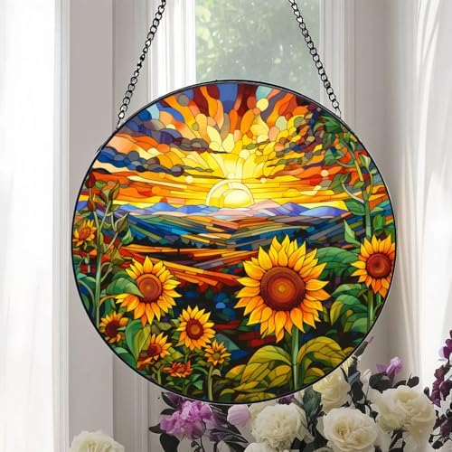 Sunflower Stained Glass Window Suncatcher 787 Inch Round Decor