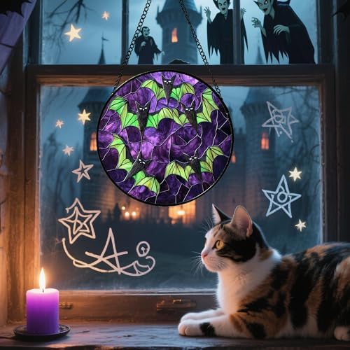 Halloween Stained Glass Suncatcher Black Bat with Green Wings 98 in