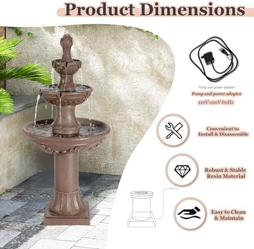 Italian Pagoda 3-Tier Outdoor Water Fountain with Roman Pillars Brown