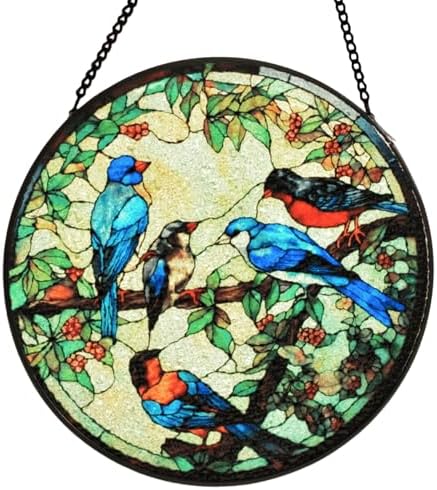 Stained Glass Birds on Tree Branches Window Hanging Decor