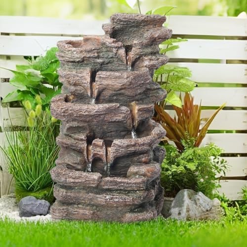 Biling 5-Tier Rock Water Fountain with LED Lights and Artificial Fern