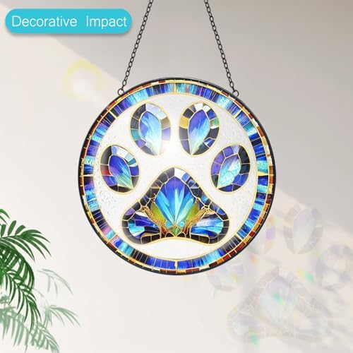 Tufeu Paw Print Stained Glass Suncatcher - 8 Inch Window Hanging for Dogs